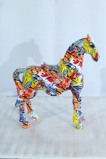 Colorful Resin Horse Statue with Saddle Graffiti Finish 14" x 5" x 15"H