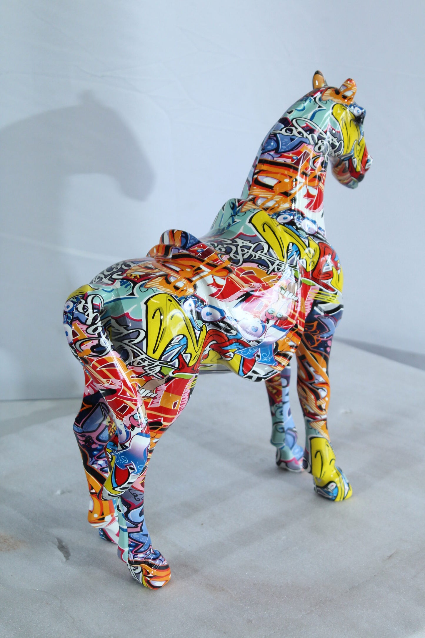 Colorful Resin Horse Statue with Saddle Graffiti Finish 14" x 5" x 15"H