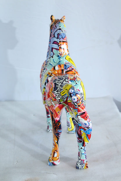 Colorful Resin Horse Statue with Saddle Graffiti Finish 14" x 5" x 15"H