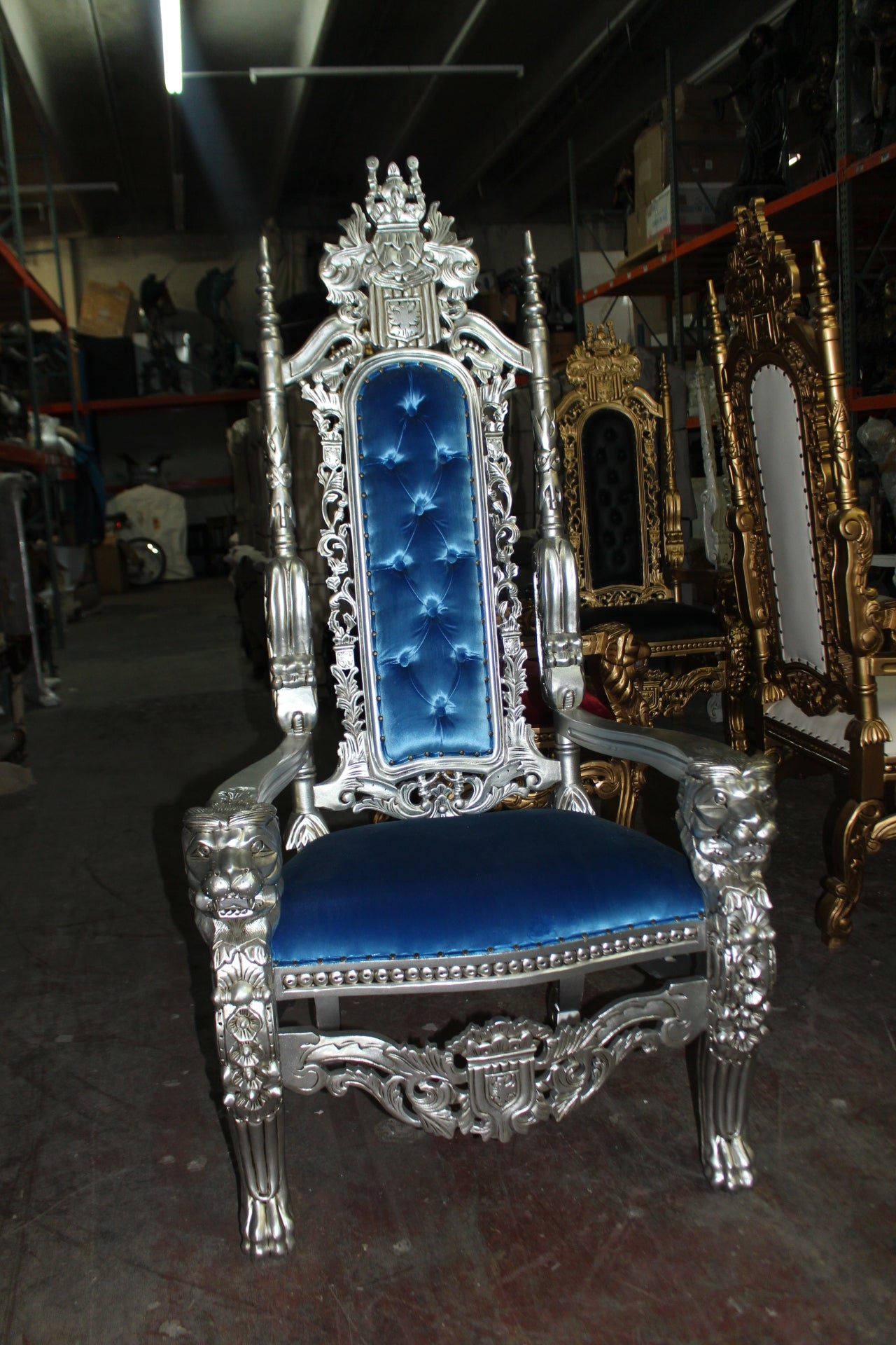 Silver Blue Lion Chair -  Size: 70"L x 36"W x 26"H. 