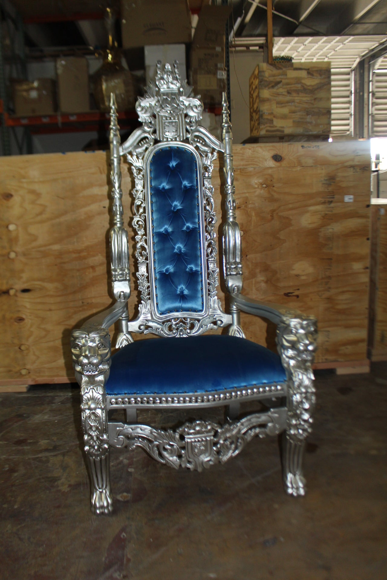 Silver Blue Lion Chair -  Size: 70"L x 36"W x 26"H. 