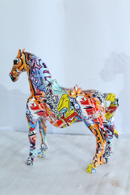 Colorful Resin Horse Statue with Saddle Graffiti Finish 14" x 5" x 15"H