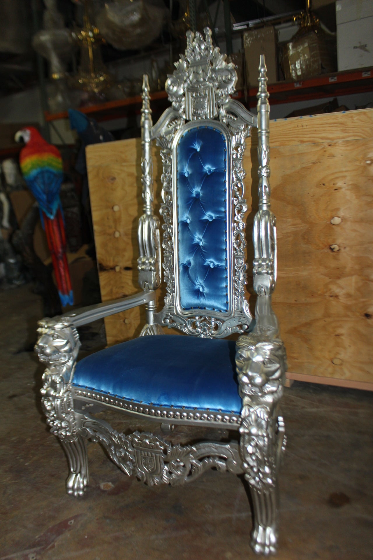 Silver Blue Lion Chair -  Size: 70"L x 36"W x 26"H. 