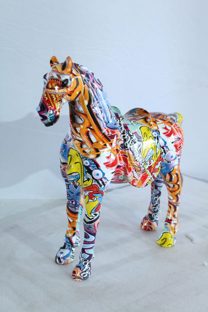 Colorful Resin Horse Statue with Saddle Graffiti Finish 14" x 5" x 15"H