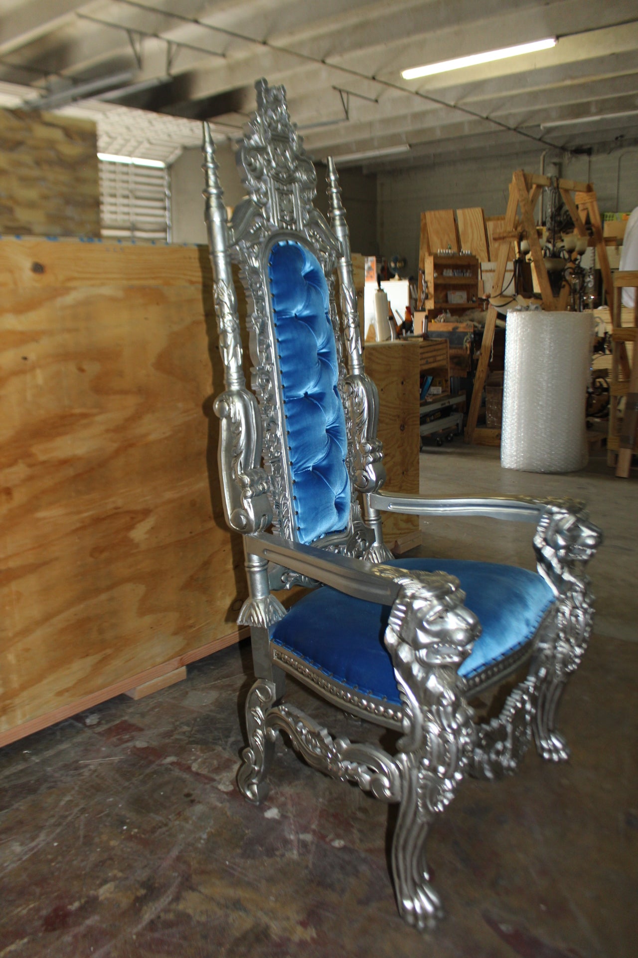 Silver Blue Lion Chair -  Size: 70"L x 36"W x 26"H. 