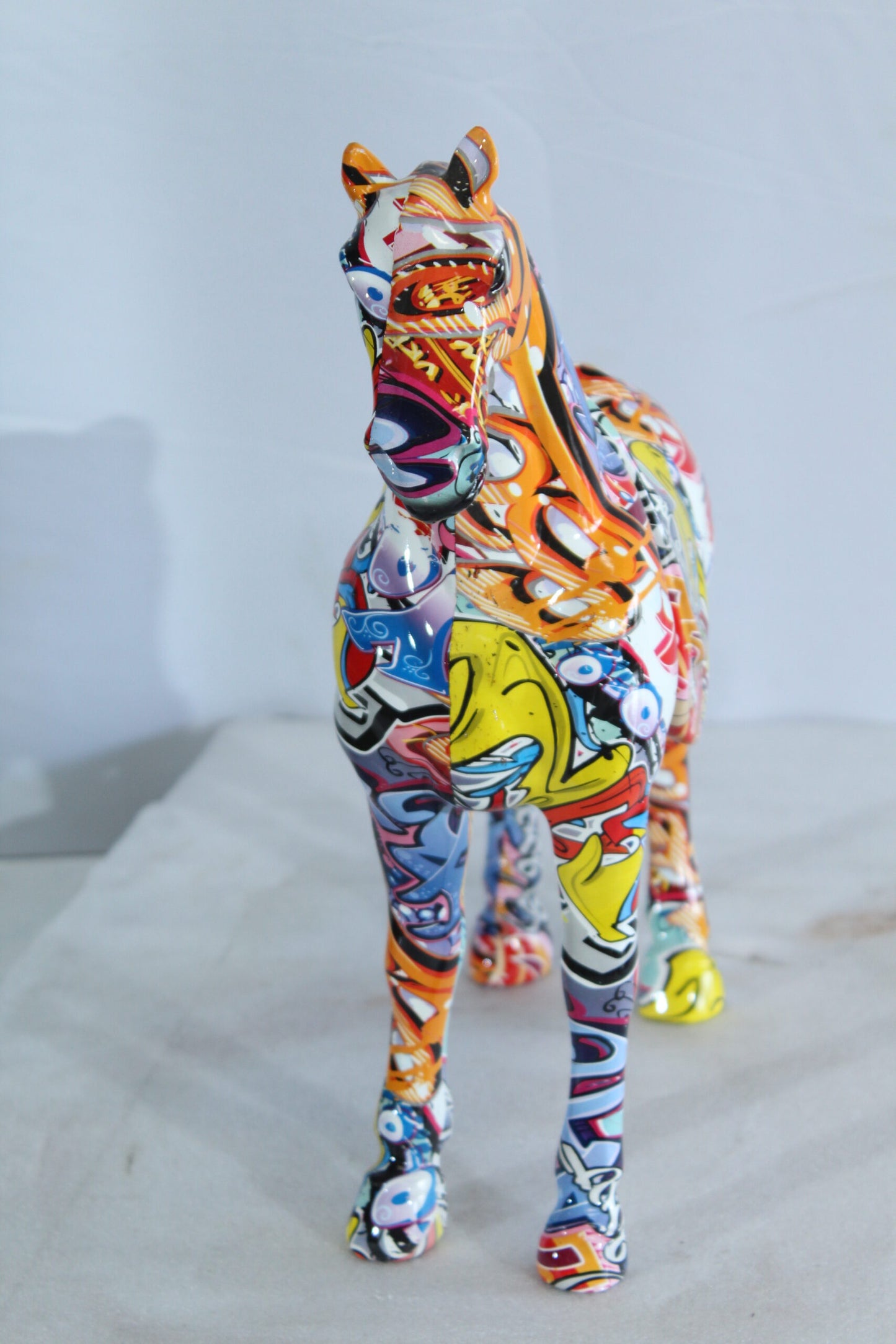 Colorful Resin Horse Statue with Saddle Graffiti Finish 14" x 5" x 15"H