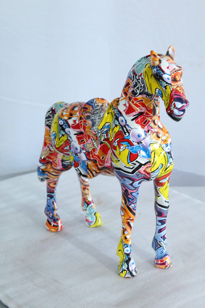 Colorful Resin Horse Statue with Saddle Graffiti Finish 14" x 5" x 15"H