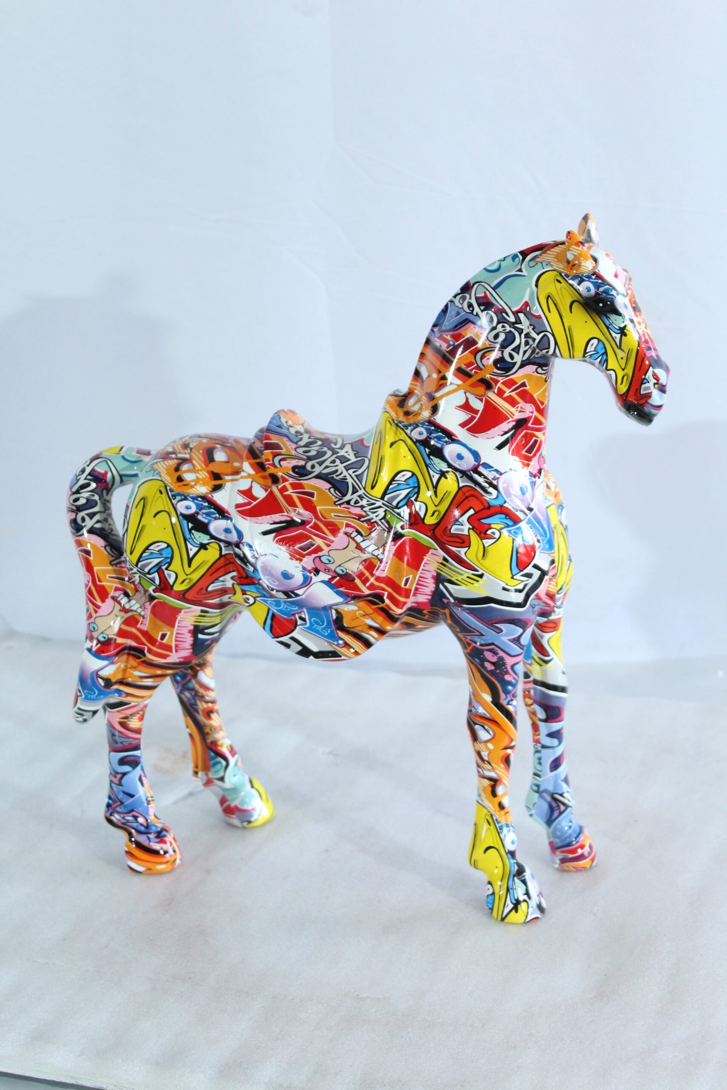 Colorful Resin Horse Statue with Saddle Graffiti Finish 14" x 5" x 15"H