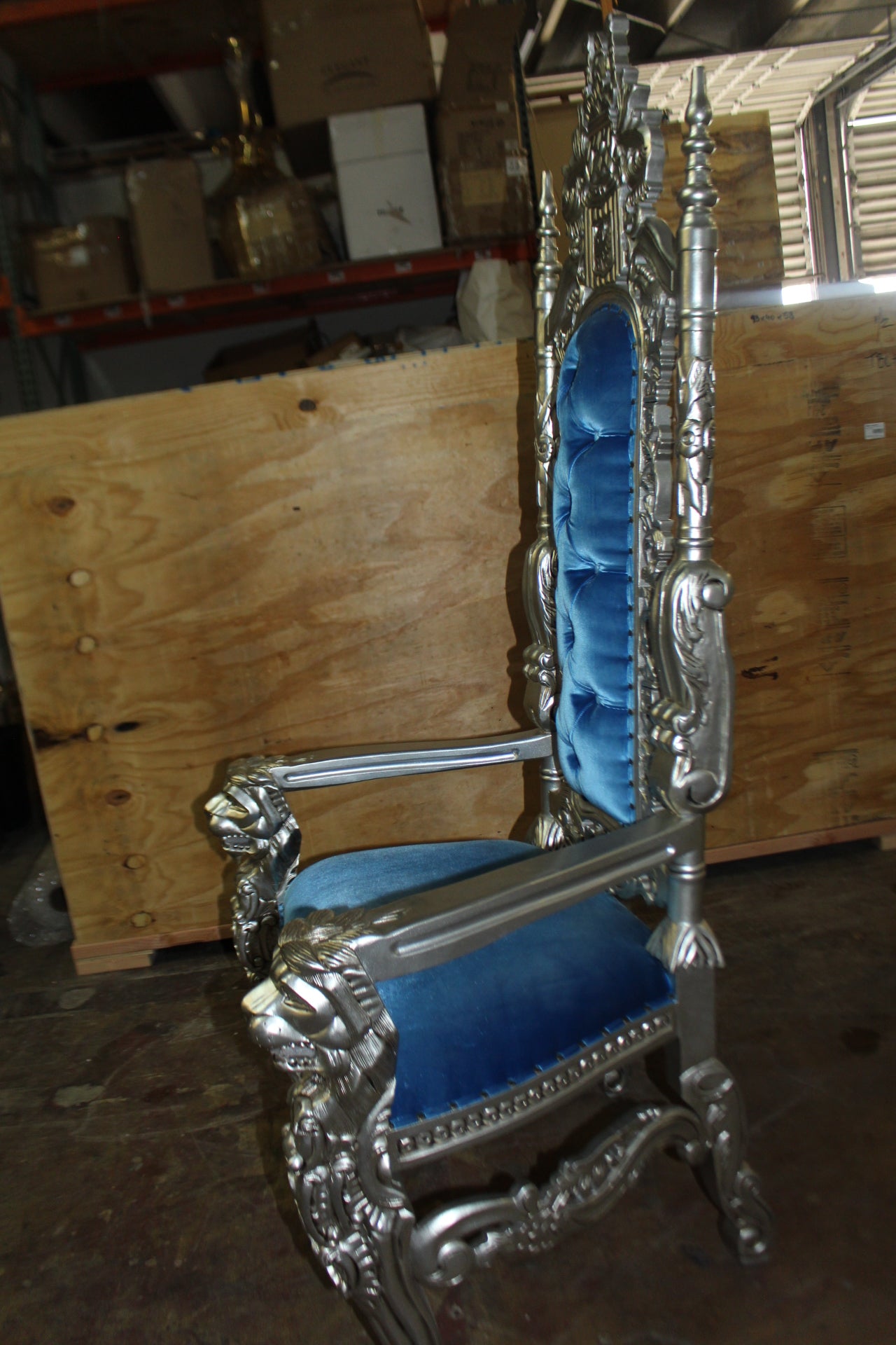 Silver Blue Lion Chair -  Size: 70"L x 36"W x 26"H. 