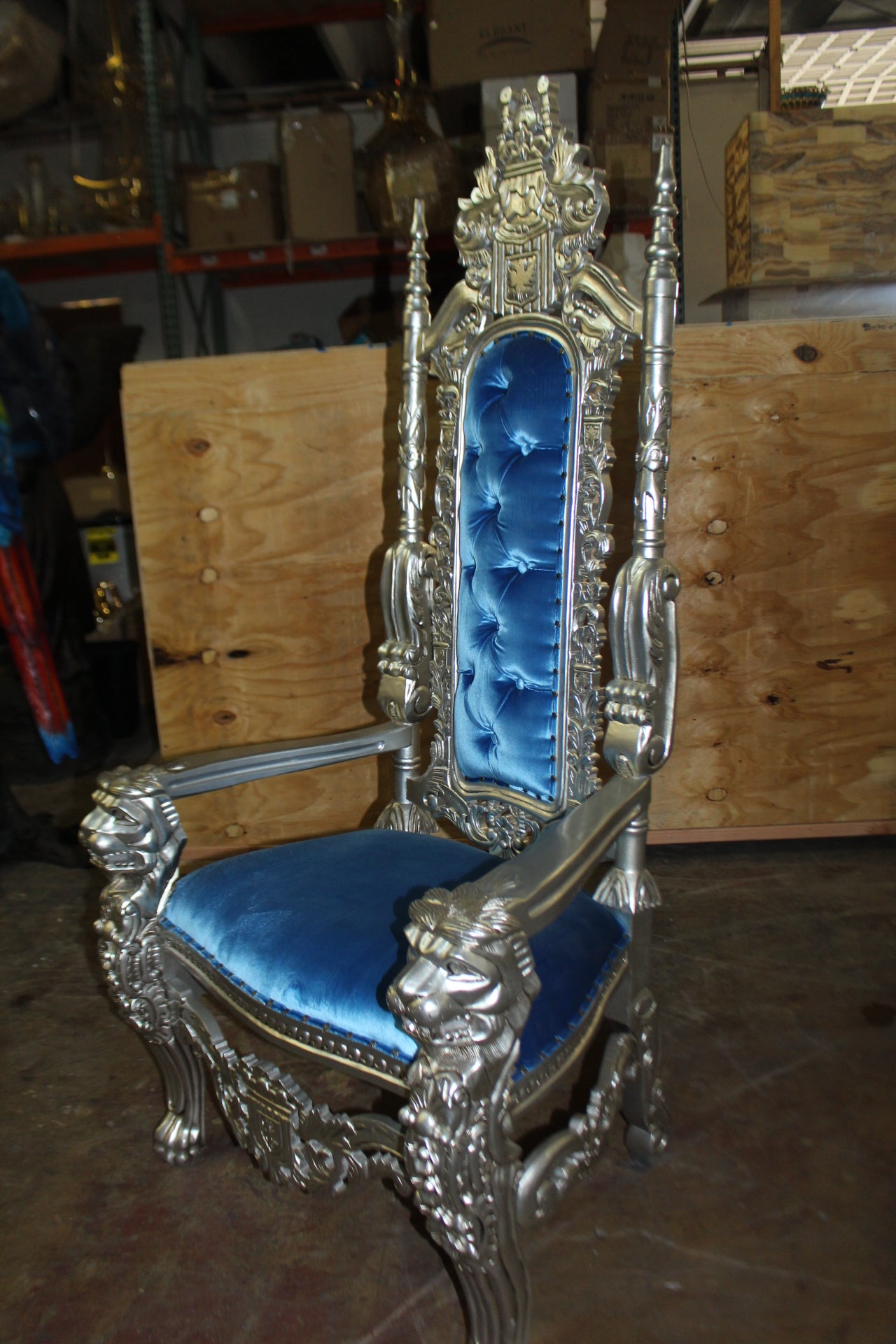 Silver Blue Lion Chair -  Size: 70"L x 36"W x 26"H. 