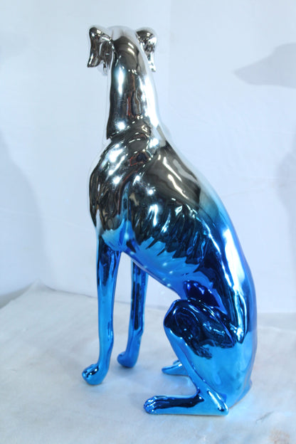 Modern Resin Greyhound Dog in Chrome Blue Finish 10" x 5" x 22"H