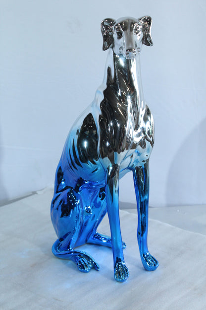 Modern Resin Greyhound Dog in Chrome Blue Finish 10" x 5" x 22"H