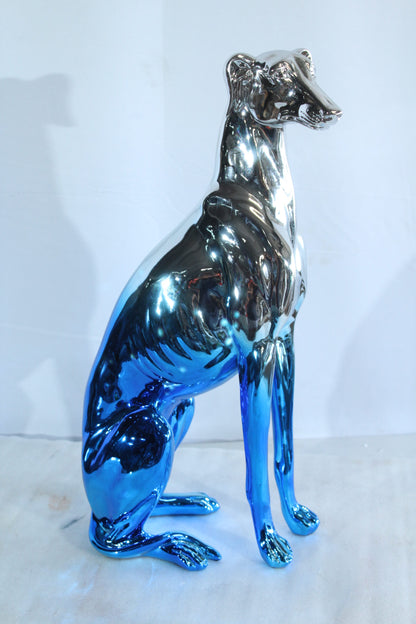 Modern Resin Greyhound Dog in Chrome Blue Finish 10" x 5" x 22"H