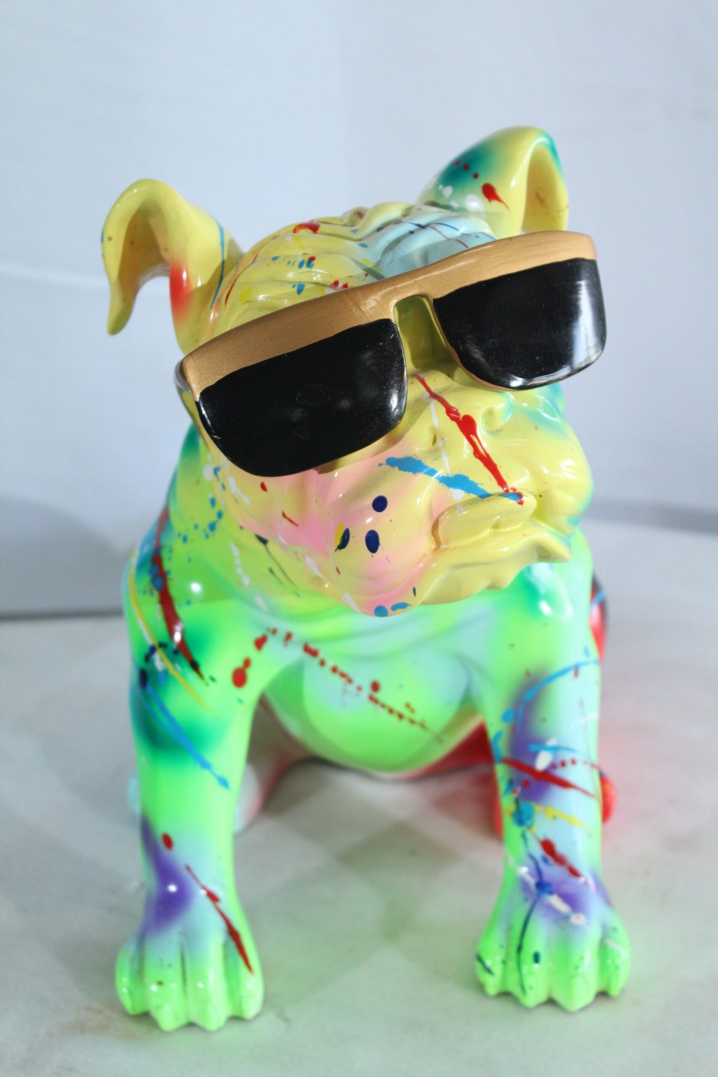 Colorful Resin Bulldog Statue with Sunglasses 17" x 9" x 13"H