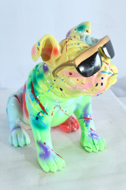 Colorful Resin Bulldog Statue with Sunglasses 17" x 9" x 13"H