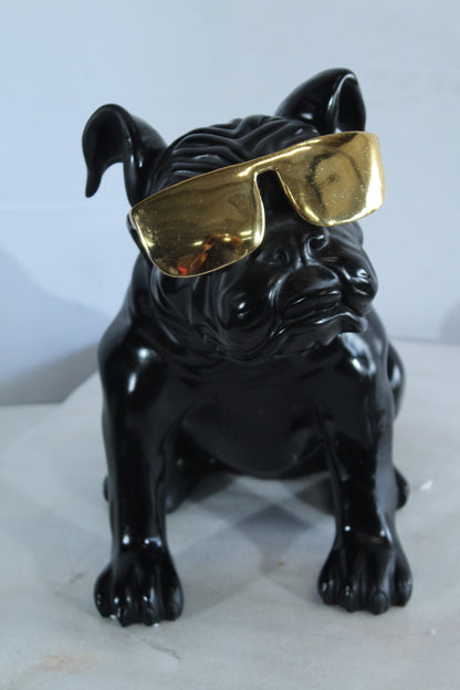 Black Resin Bulldog Statue with Gold Sunglasses 17" x 9" x 13"H