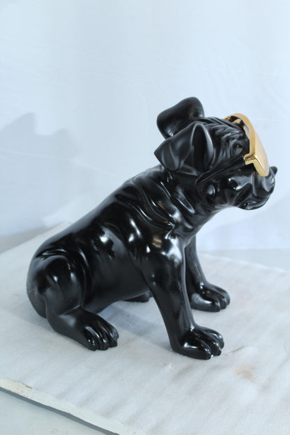 Black Resin Bulldog Statue with Gold Sunglasses 17" x 9" x 13"H
