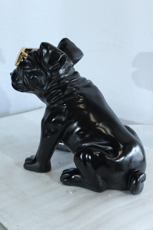 Black Resin Bulldog Statue with Gold Sunglasses 17" x 9" x 13"H