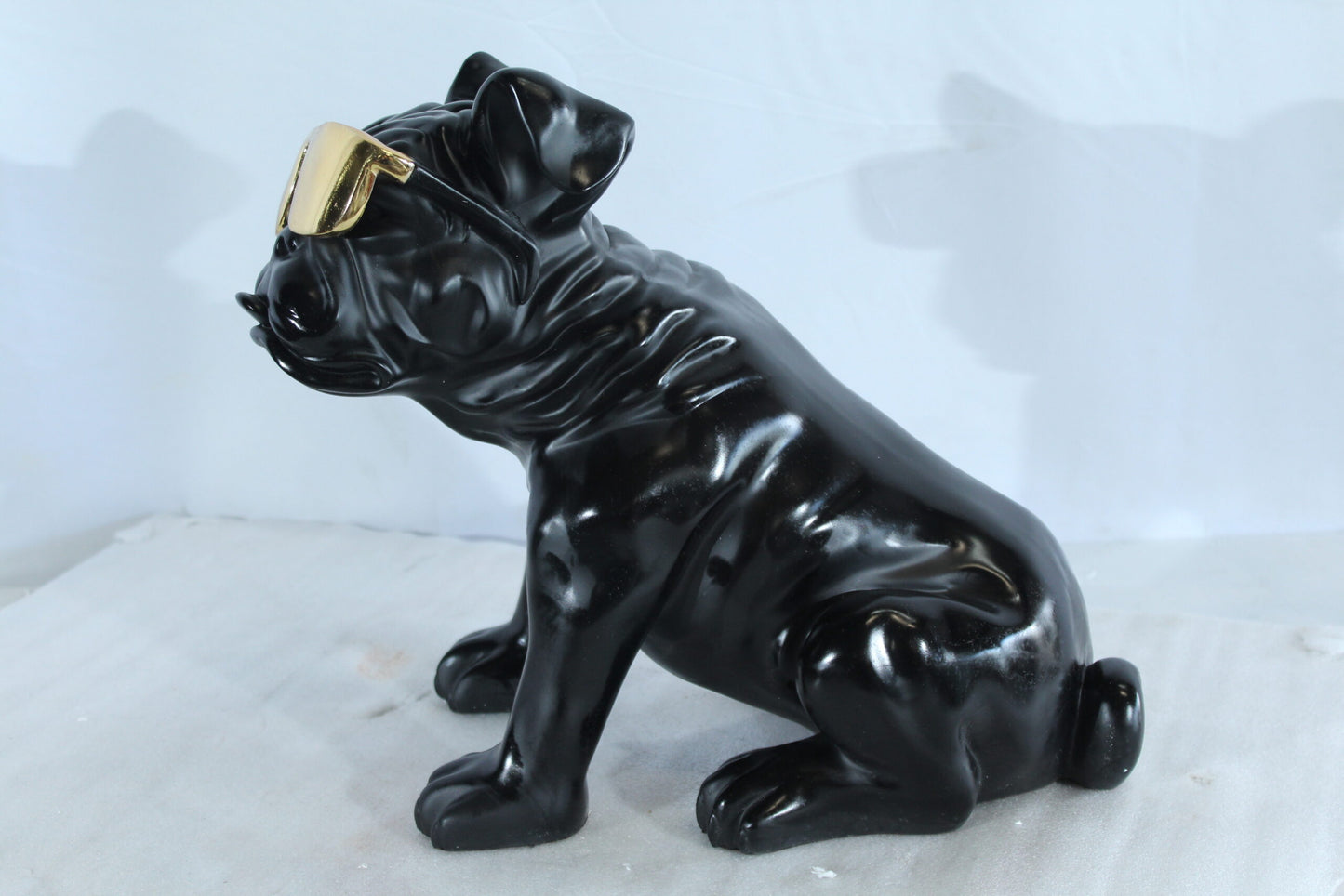 Black Resin Bulldog Statue with Gold Sunglasses 17" x 9" x 13"H