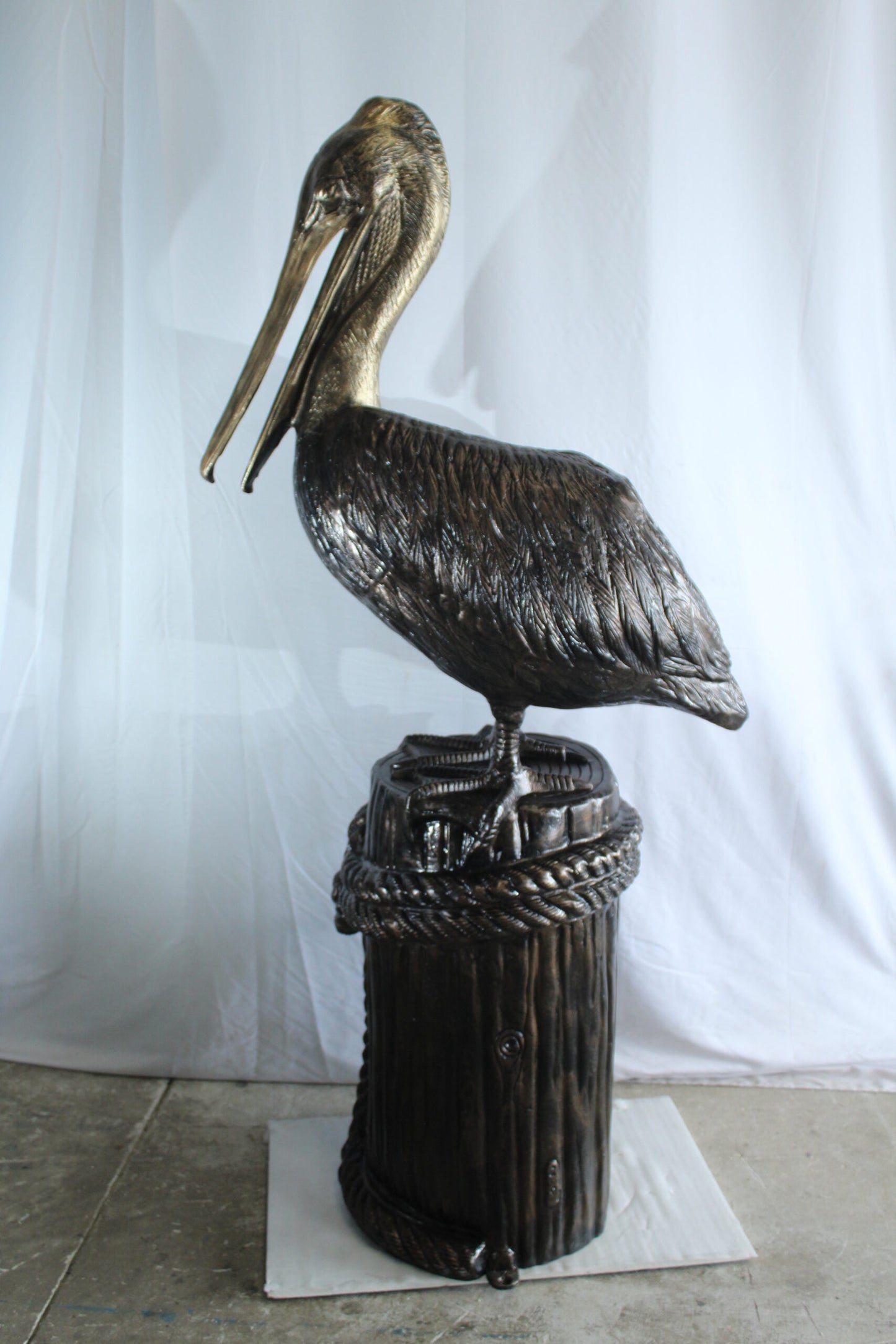 Giant Aluminum Pelican Statue Standing on Dock Post Sculpture 40" x 33" x 78"H