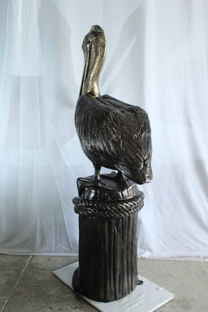 Giant Aluminum Pelican Statue Standing on Dock Post Sculpture 40" x 33" x 78"H