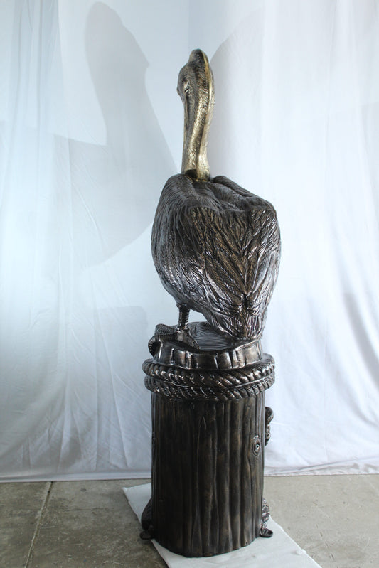 Giant Aluminum Pelican Statue Standing on Dock Post Sculpture 40" x 33" x 78"H