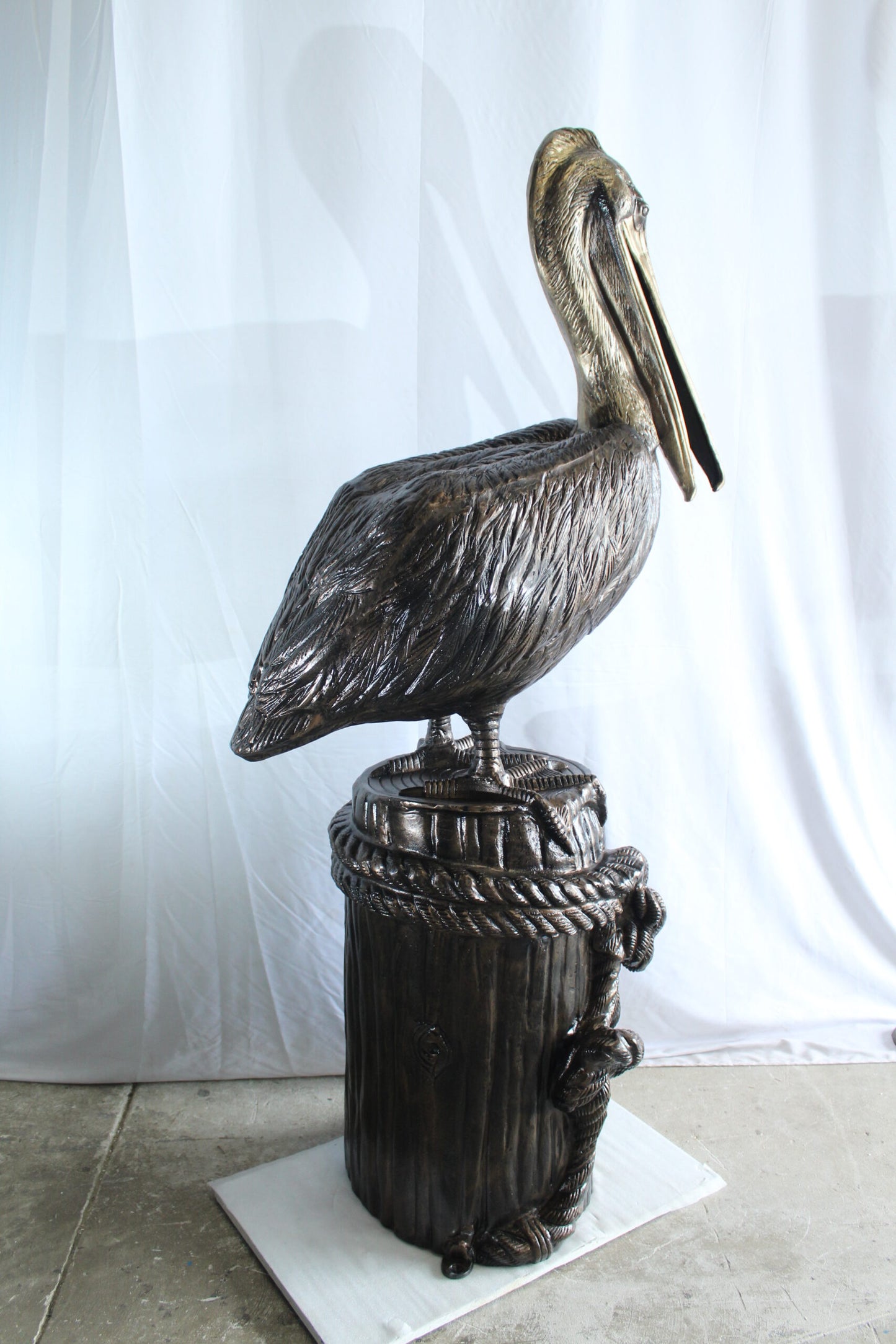 Giant Aluminum Pelican Statue Standing on Dock Post Sculpture 40" x 33" x 78"H