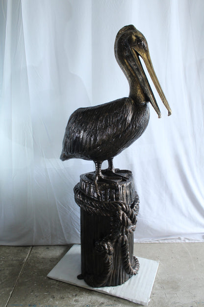 Giant Aluminum Pelican Statue Standing on Dock Post Sculpture 40" x 33" x 78"H
