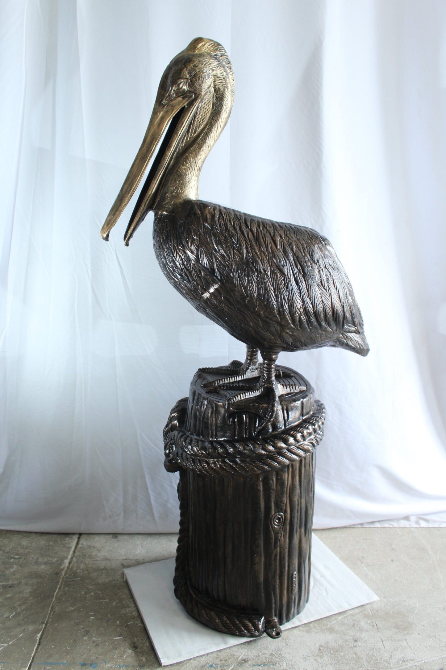 Giant Aluminum Pelican Statue Standing on Dock Post Sculpture 40" x 33" x 78"H