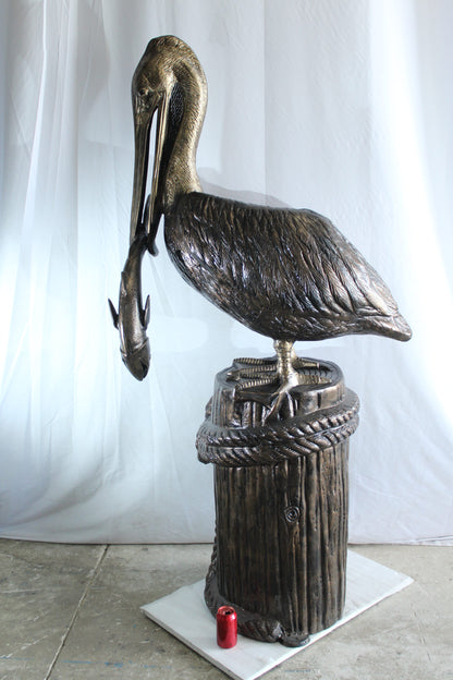 Giant Aluminum Pelican Statue Catching Fish on Dock Post 40" x 33" x 78"H