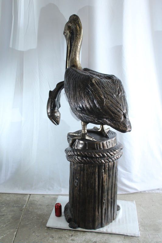 Giant Aluminum Pelican Statue Catching Fish on Dock Post 40" x 33" x 78"H