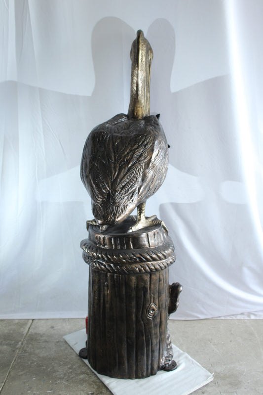 Giant Aluminum Pelican Statue Catching Fish on Dock Post 40" x 33" x 78"H