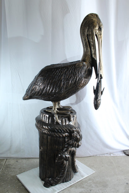 Giant Aluminum Pelican Statue Catching Fish on Dock Post 40" x 33" x 78"H