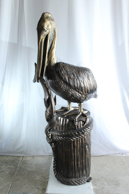 Giant Aluminum Pelican Statue Catching Fish on Dock Post 40" x 33" x 78"H