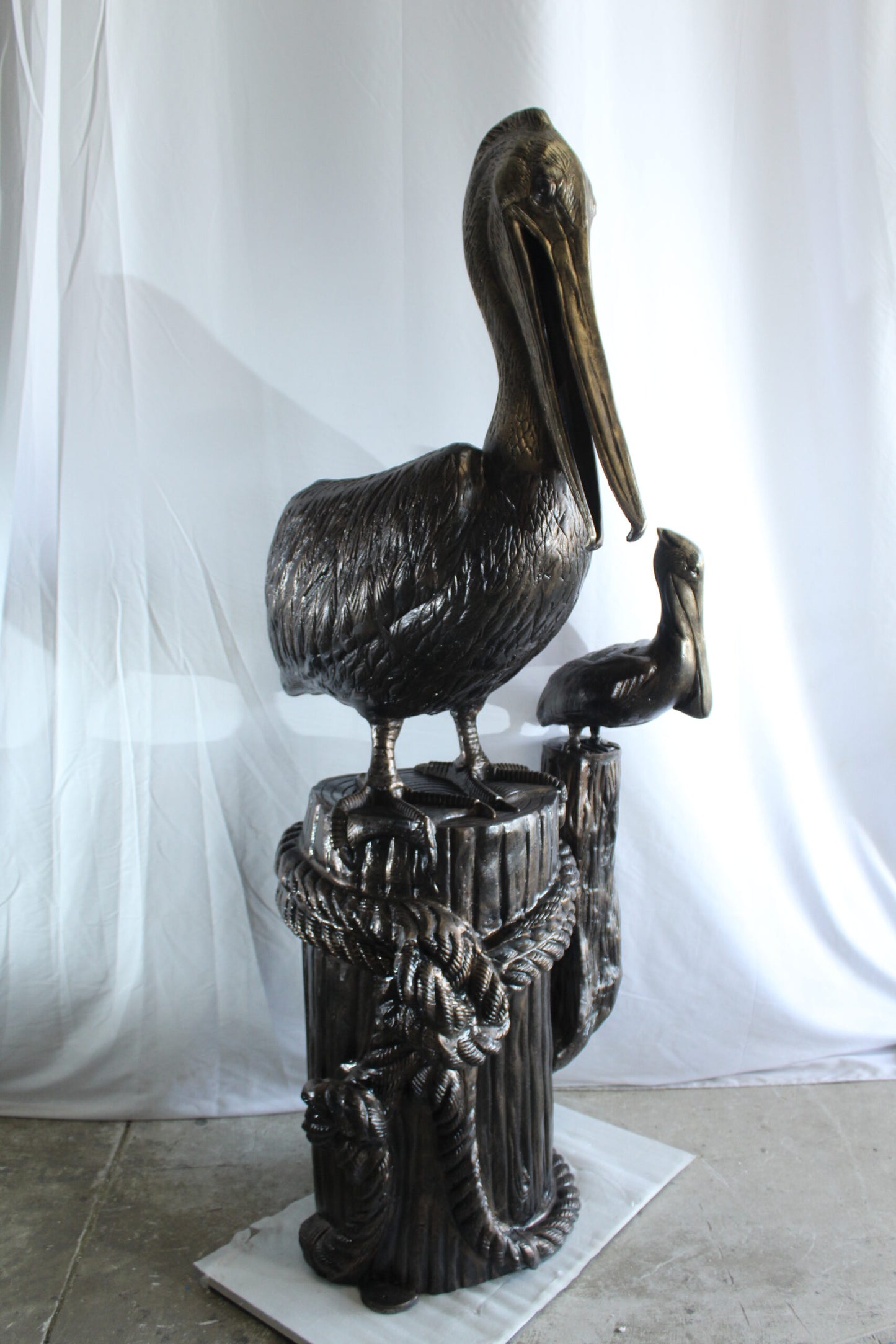 Giant Aluminum Mama Pelican with Baby Pelican Statue on Post 40" x 33" x 78"H