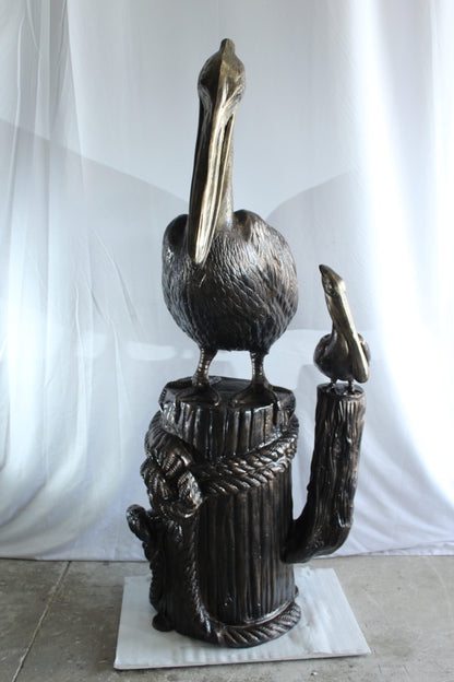 Giant Aluminum Mama Pelican with Baby Pelican Statue on Post 40" x 33" x 78"H