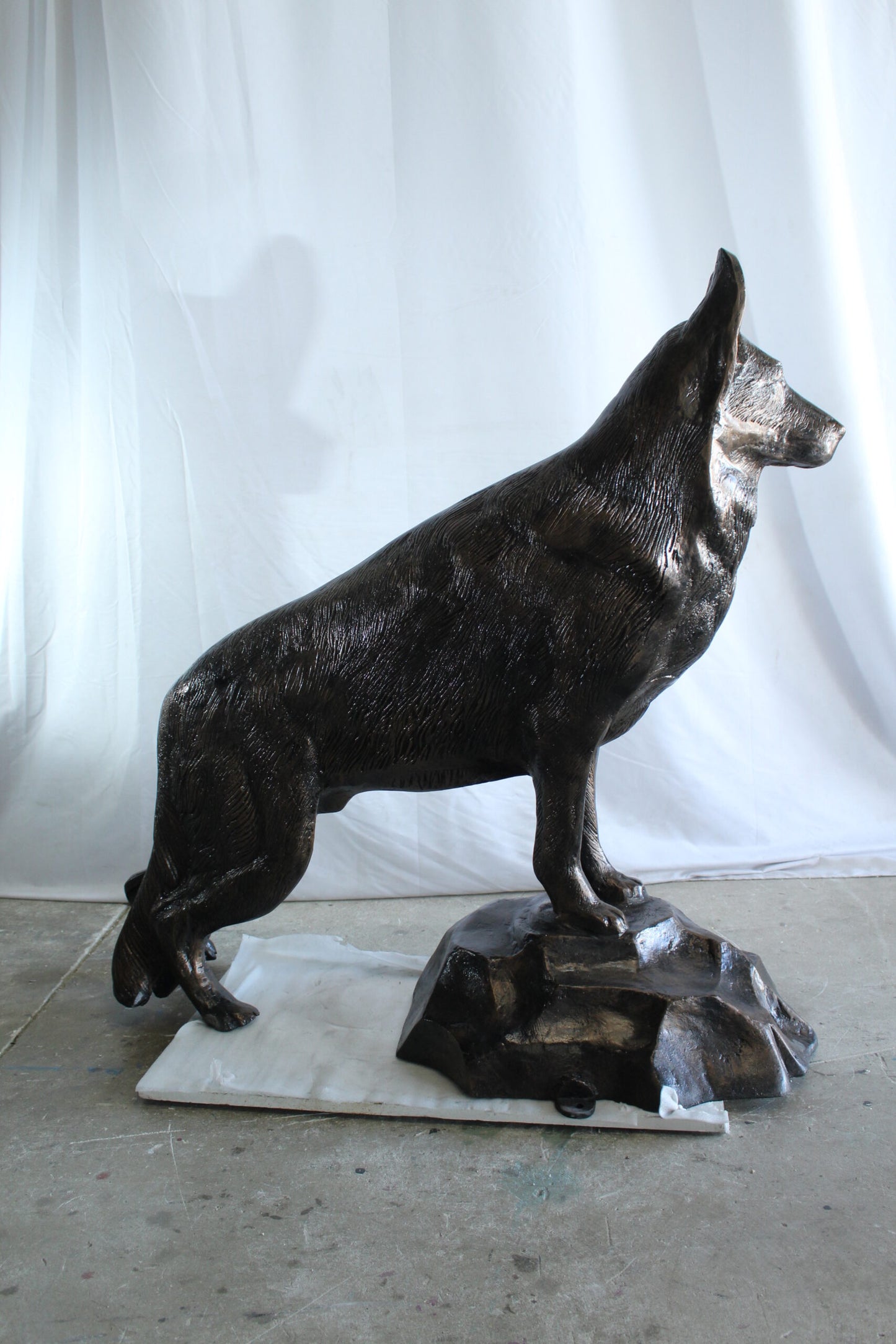 Giant Aluminum German Shepherd Statue Standing on Rock Base 46" x 20" x 49"H