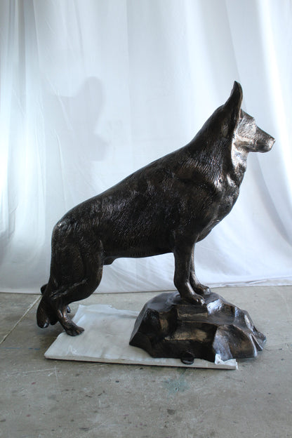 Giant Aluminum German Shepherd Statue Standing on Rock Base 46" x 20" x 49"H