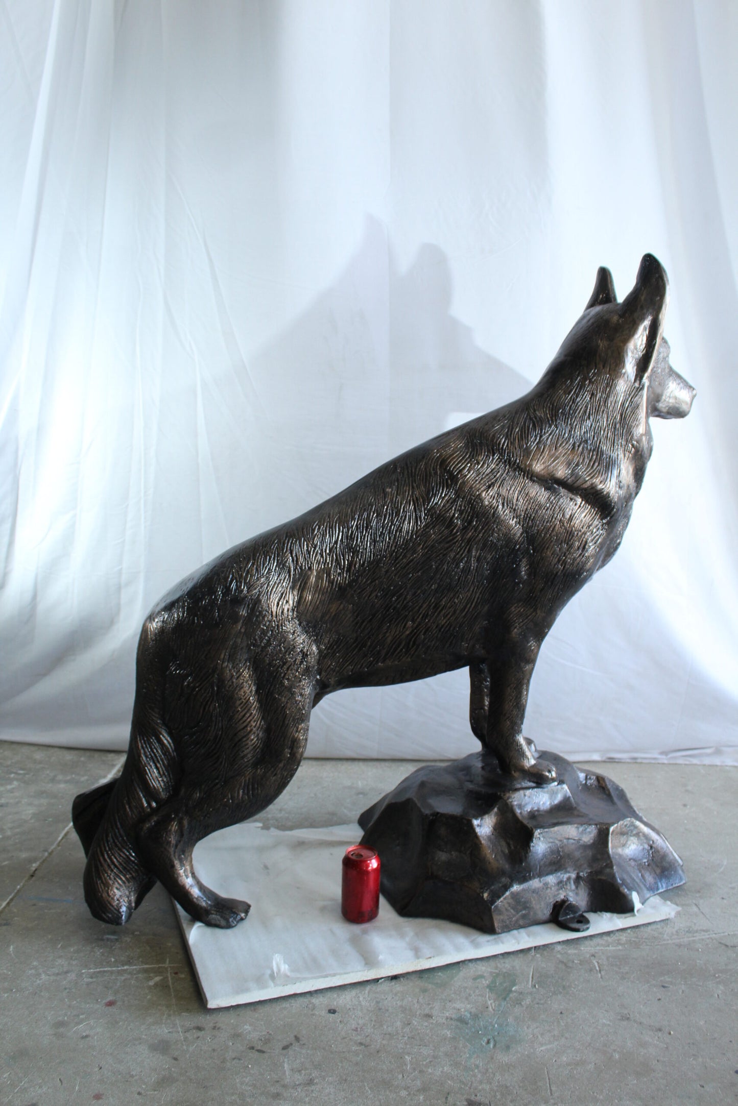 Giant Aluminum German Shepherd Statue Standing on Rock Base 46" x 20" x 49"H