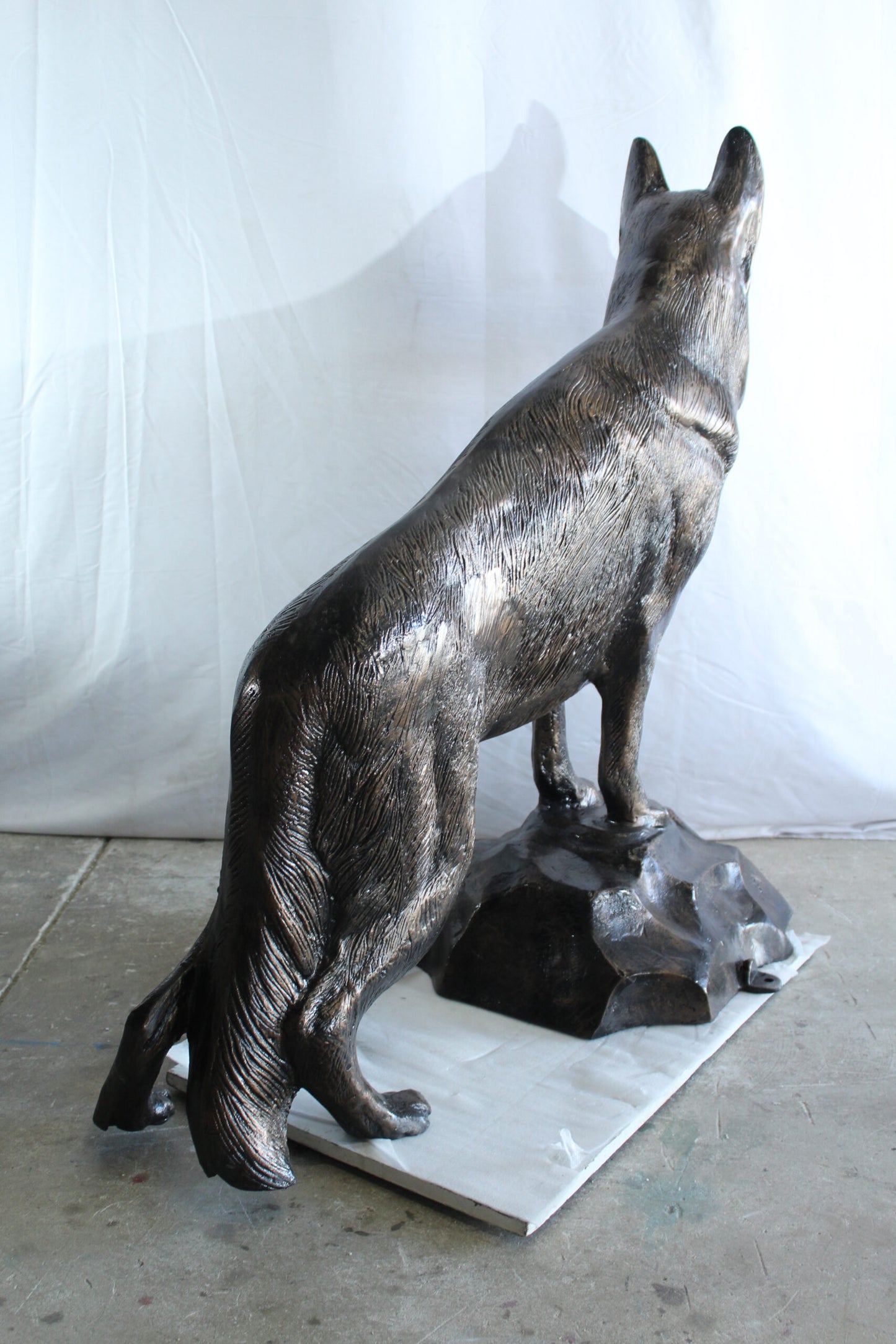 Giant Aluminum German Shepherd Statue Standing on Rock Base 46" x 20" x 49"H