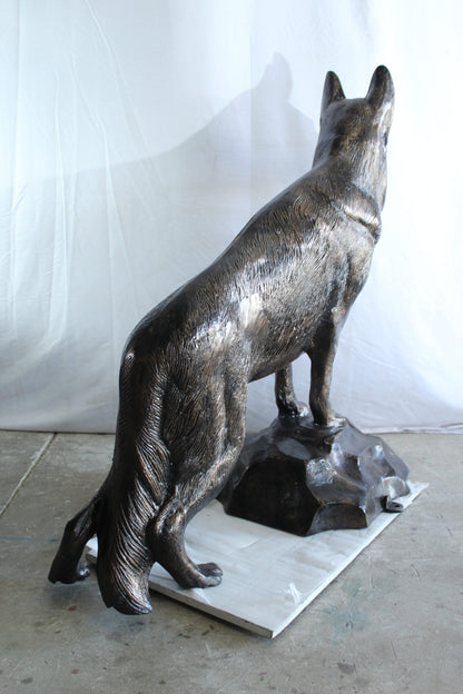 Giant Aluminum German Shepherd Statue Standing on Rock Base 46" x 20" x 49"H