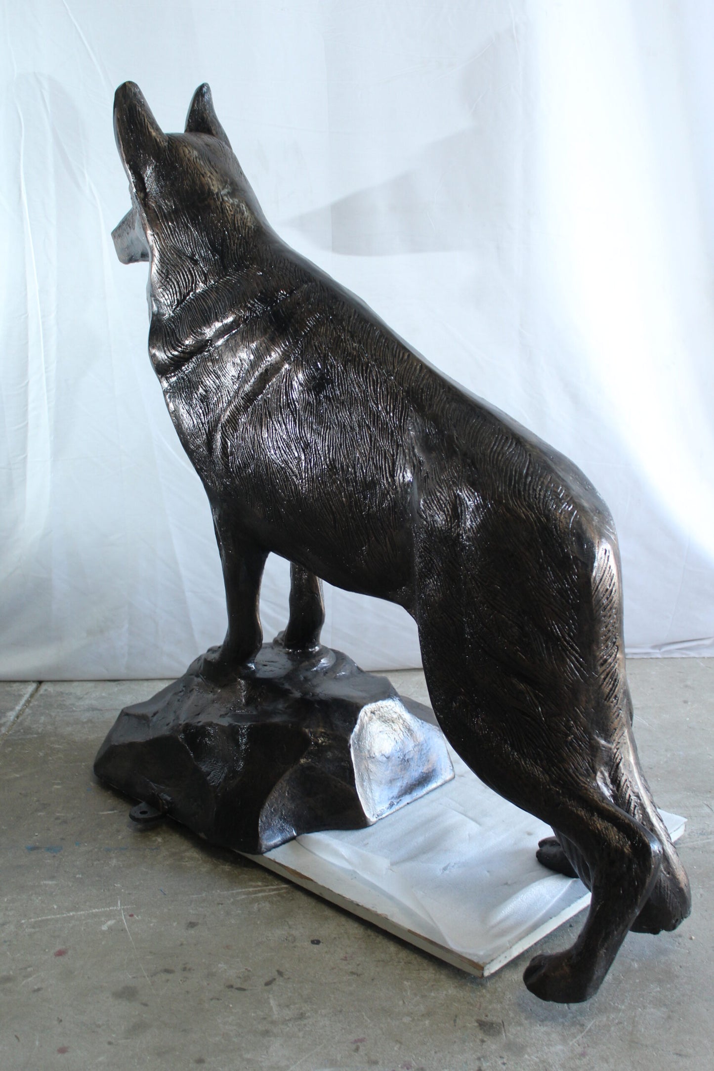 Giant Aluminum German Shepherd Statue Standing on Rock Base 46" x 20" x 49"H