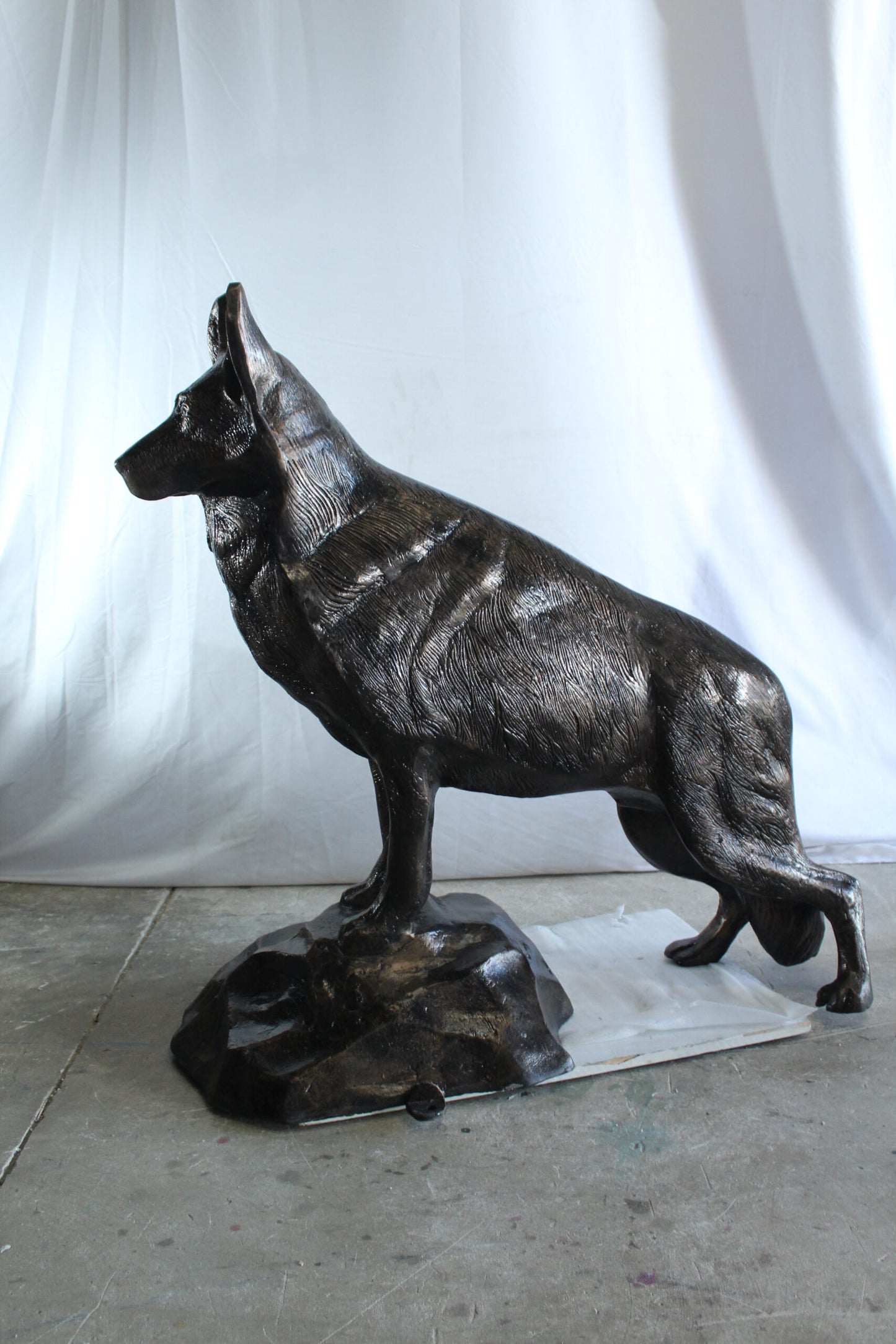Giant Aluminum German Shepherd Statue Standing on Rock Base 46" x 20" x 49"H