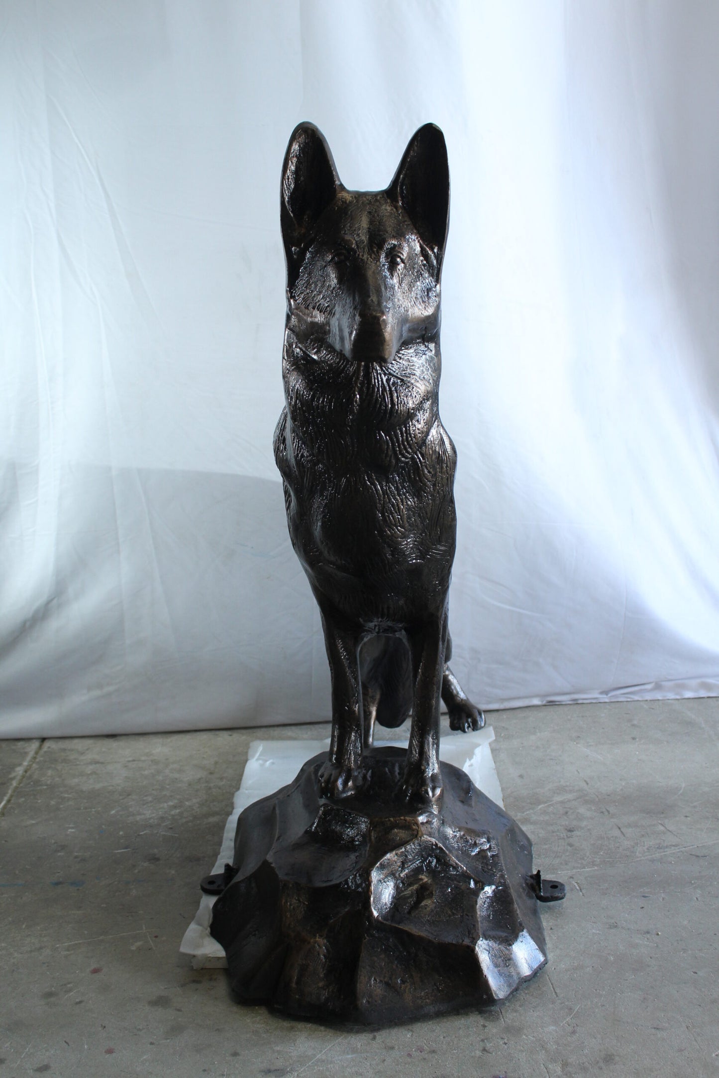 Giant Aluminum German Shepherd Statue Standing on Rock Base 46" x 20" x 49"H