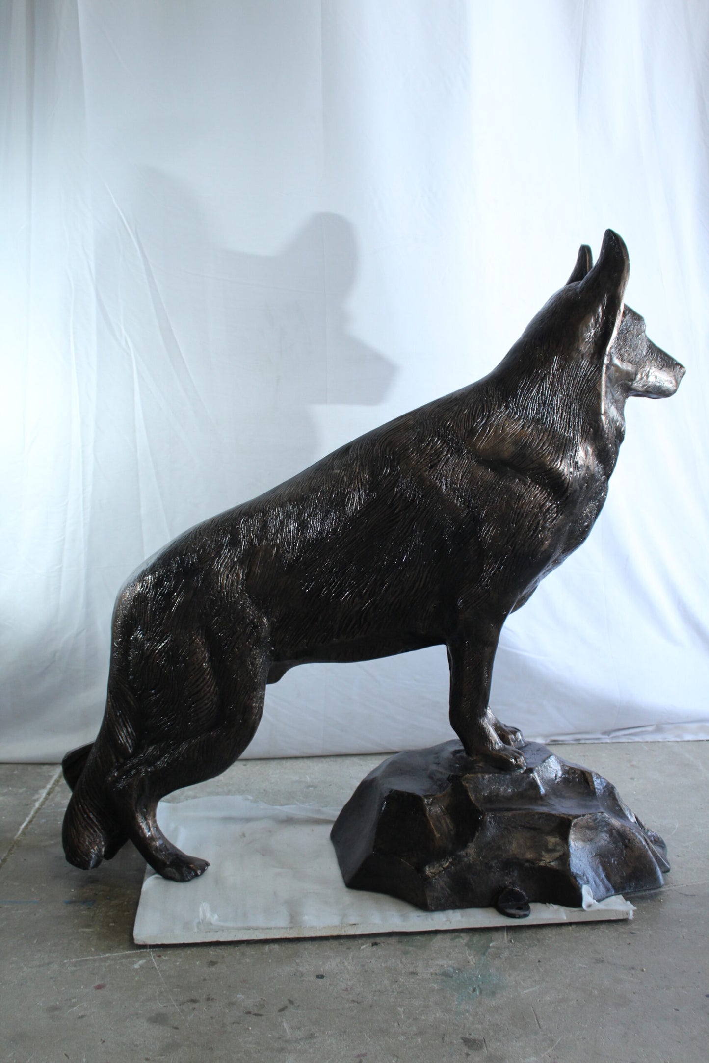 Giant Aluminum German Shepherd Statue Standing on Rock Base 46" x 20" x 49"H