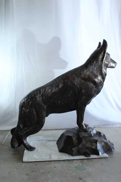 Giant Aluminum German Shepherd Statue Standing on Rock Base 46" x 20" x 49"H