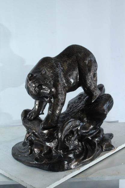 Aluminum Bear Catching Fish Statue with River Rock Detail 25" x 15" x 22"H