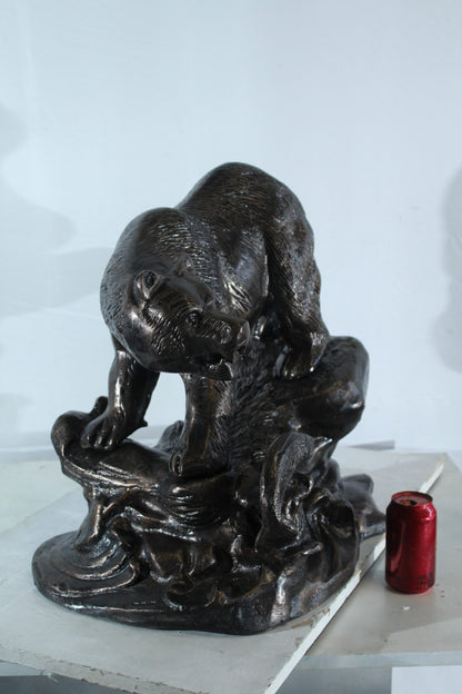 Aluminum Bear Catching Fish Statue with River Rock Detail 25" x 15" x 22"H