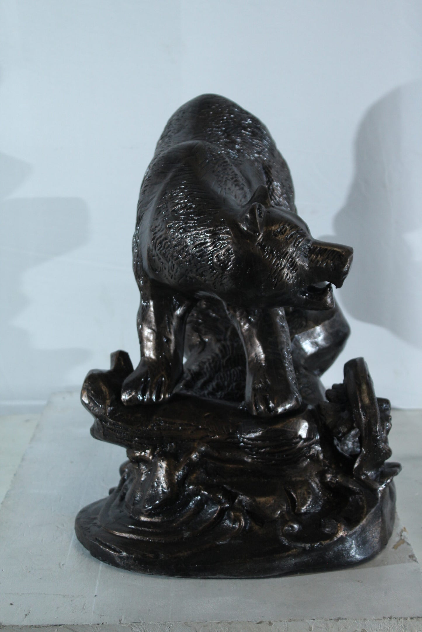 Aluminum Bear Catching Fish Statue with River Rock Detail 25" x 15" x 22"H
