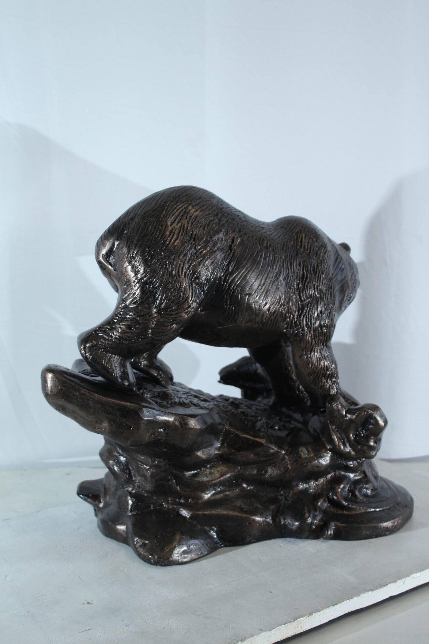 Aluminum Bear Catching Fish Statue with River Rock Detail 25" x 15" x 22"H